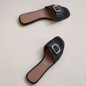 Flattered Black Sandals with Silver Buckle